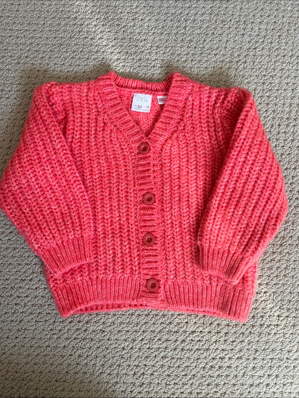 Zara Kids Coral-Red Chunky Knit Button Cardigan